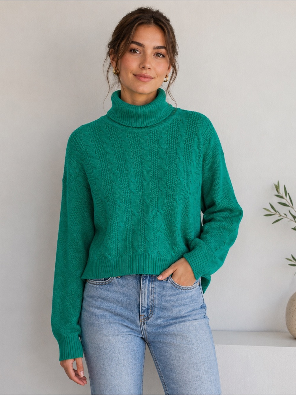 Vintage Knit Concepts Emerald Green Cable Knit Turtleneck Sweater, Size Small